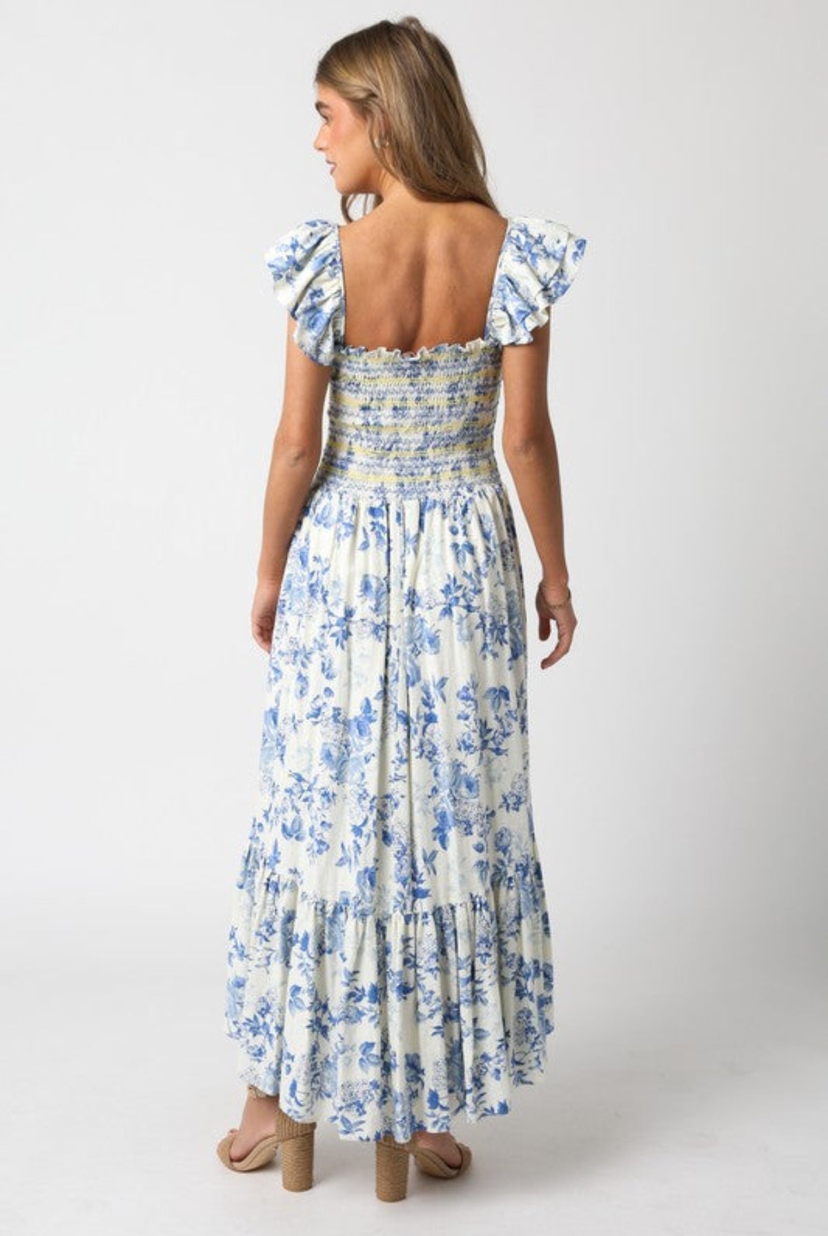 Natalie Cream and Blue Floral Maxi Dress back view