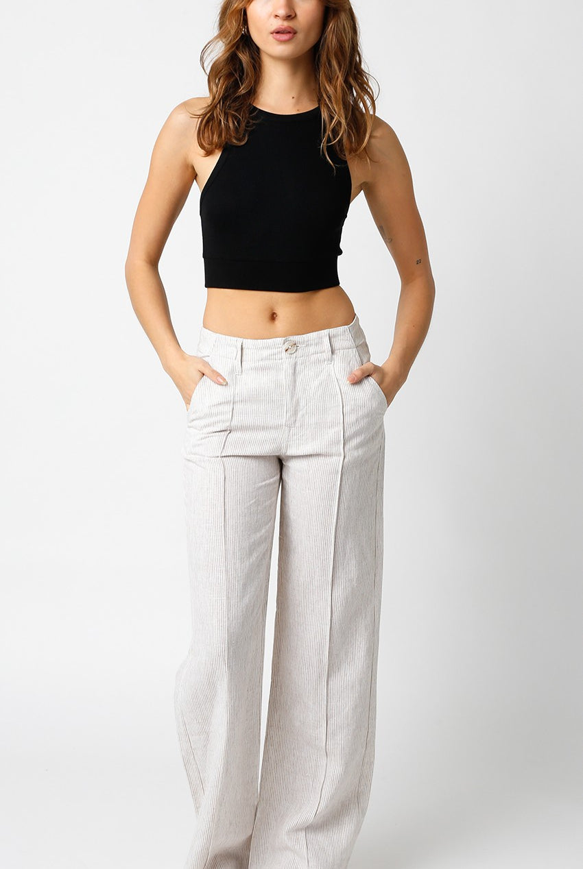 Women's wide leg khaki striped 100% linen pants with exposed seam detail and low rise fit