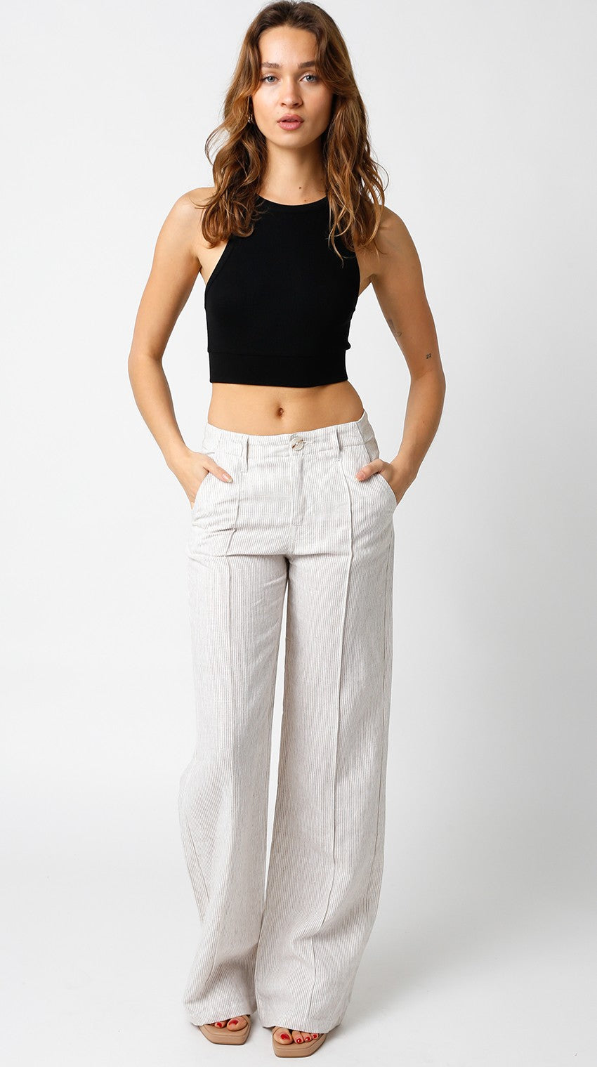 Women's wide leg khaki striped 100% linen pants with exposed seam detail and low rise fit