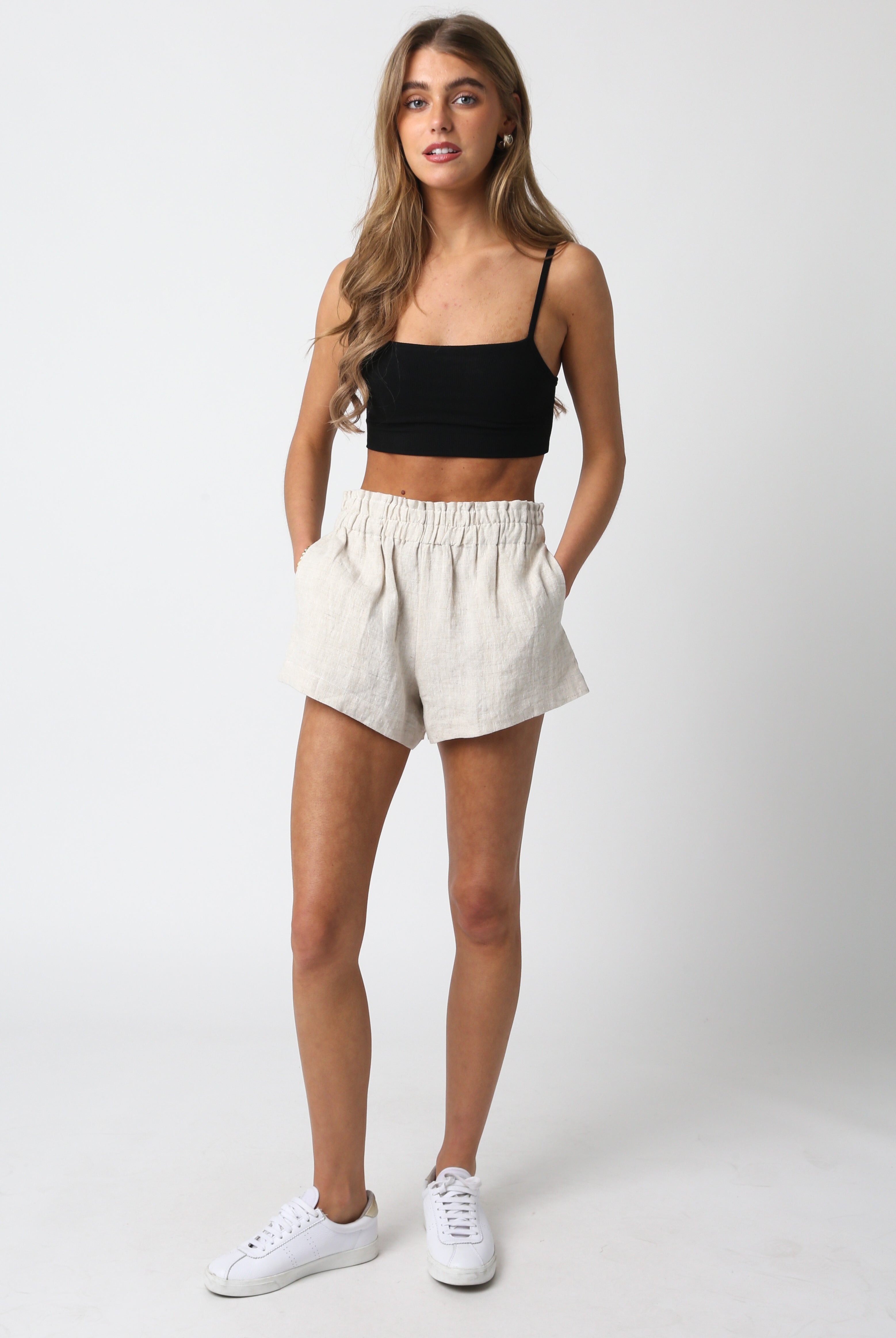 Front view of the Cape Cod linen shorts with relaxed fit and mid-rise waistband