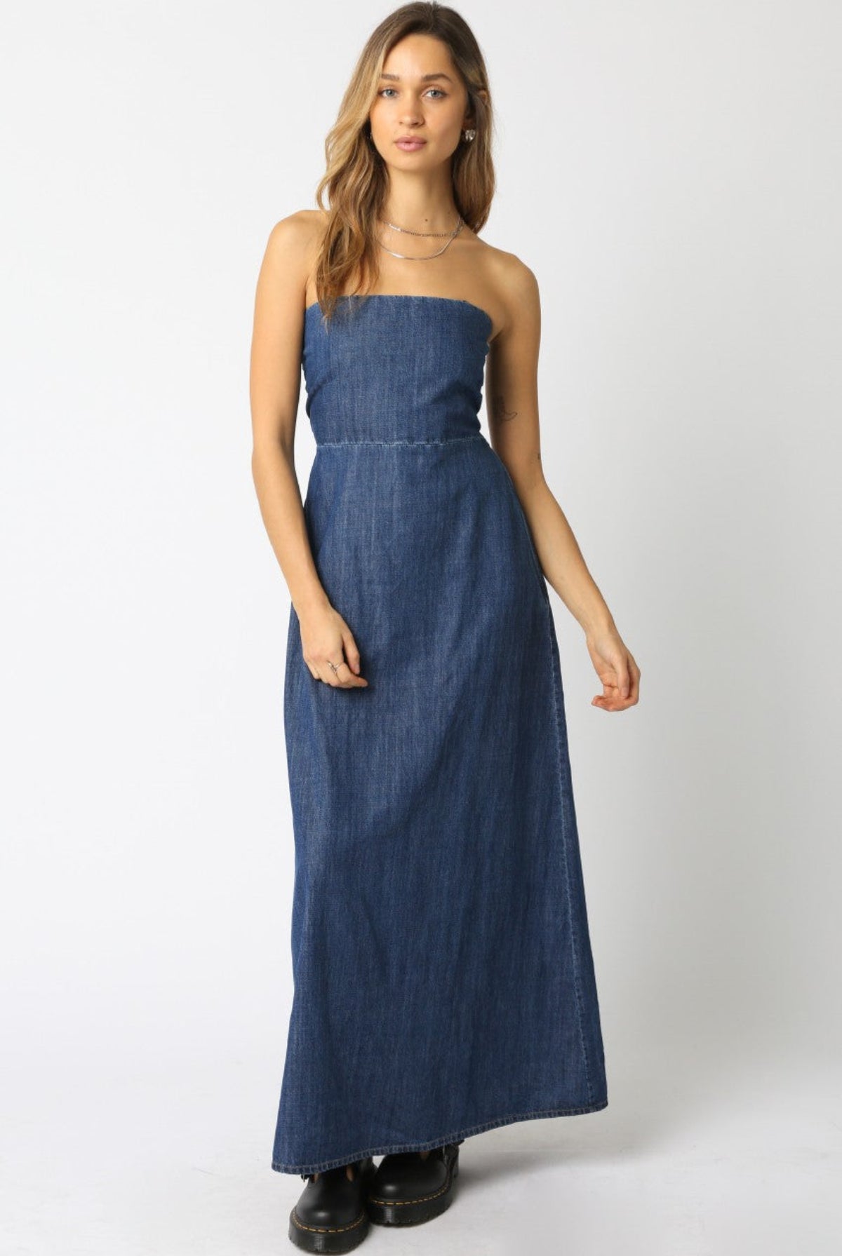 Corfu Dark Denim Strapless Maxi Dress outfit view