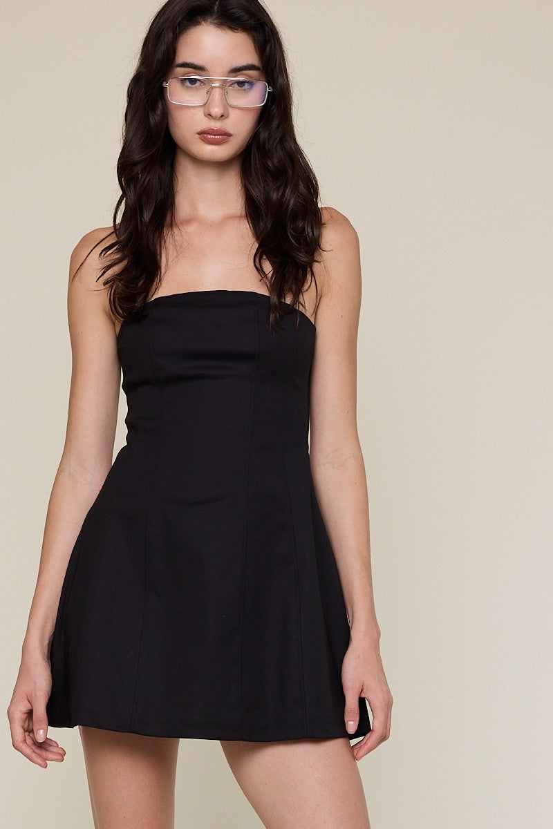 Black strapless A-line mini dress featuring a structured bodice and flared skirt