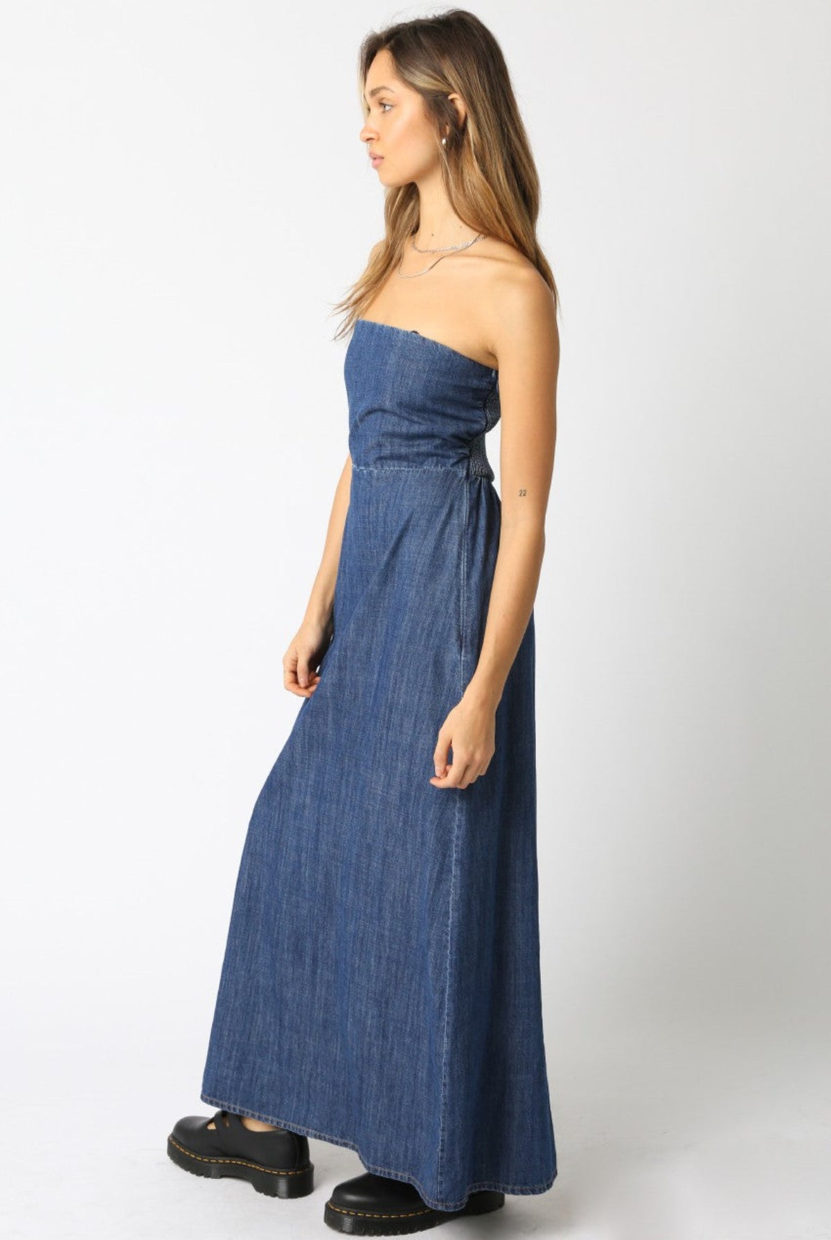 Corfu Dark Denim Strapless Maxi Dress side view