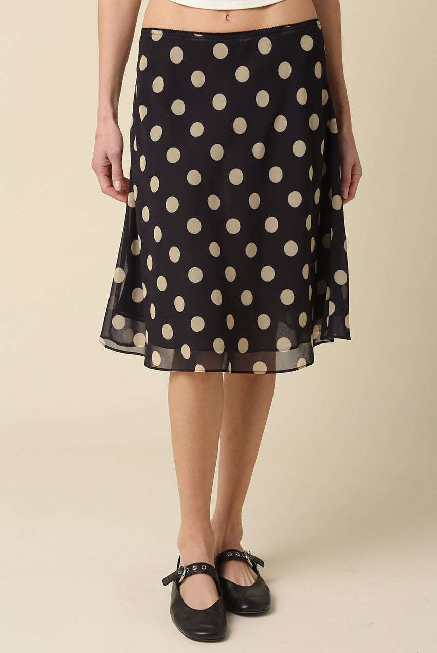 Emily black polka dot mesh midi skirt with A-line silhouette - front view