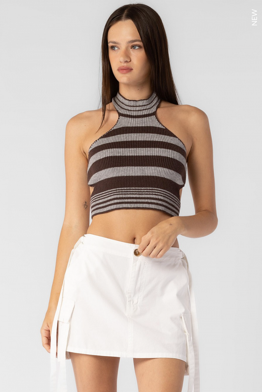 Alexia Grey and Brown Striped Mock Neck Sweater with backless design.