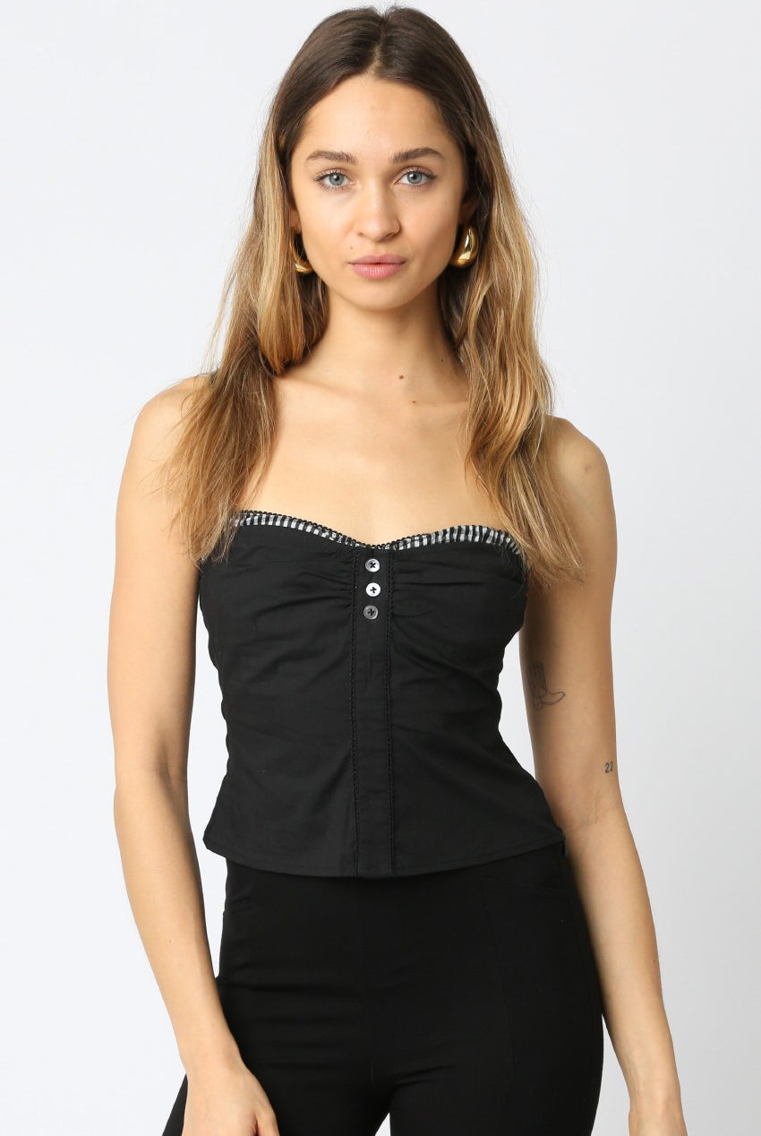 Gemma Black Bustier Top With Gingham Trim - Front View