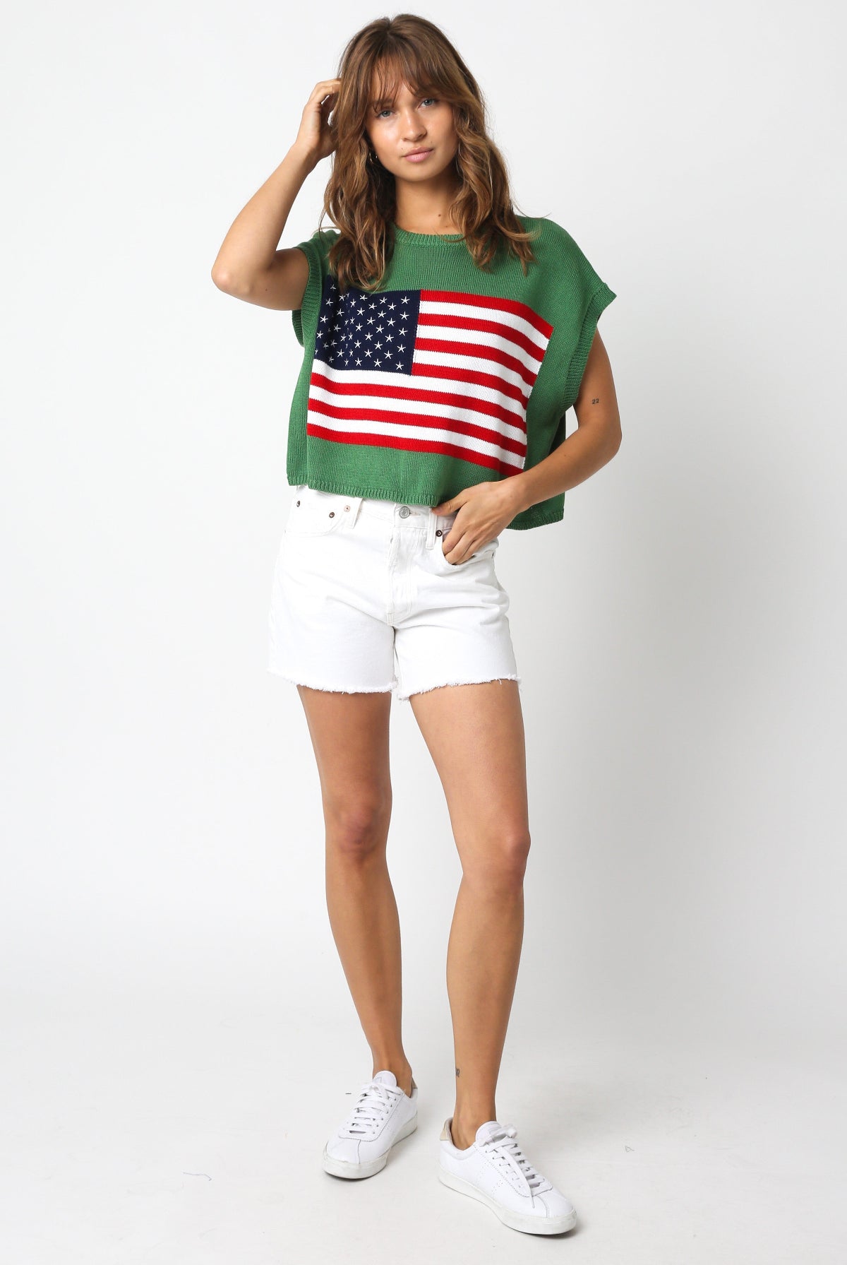 Green American Flag Sweater Top outfit view