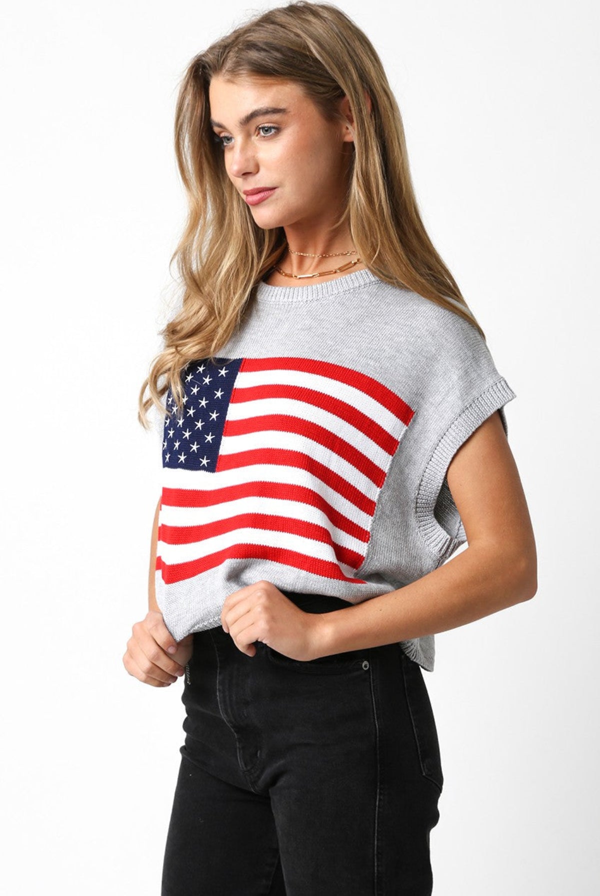 Grey American Flag Sweater Top side view