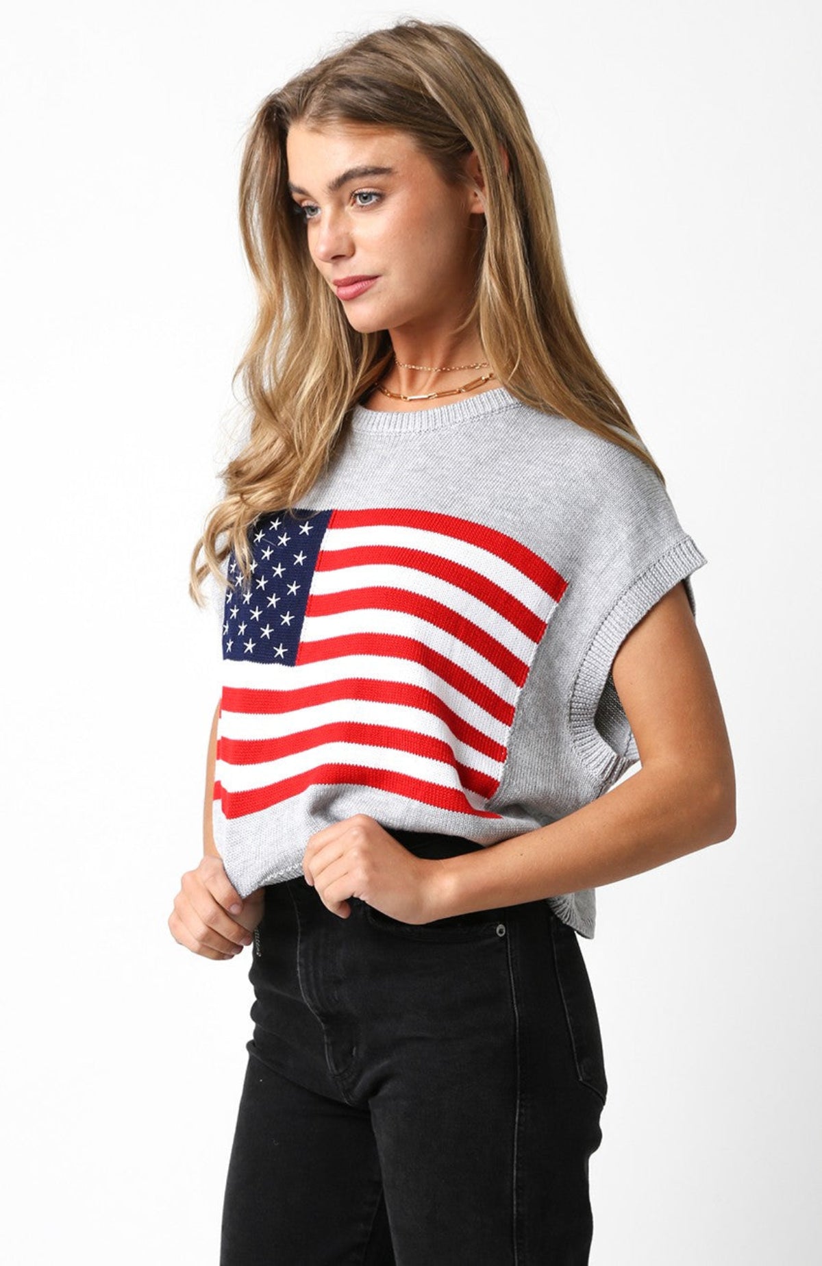 Grey American Flag Sweater Top side view