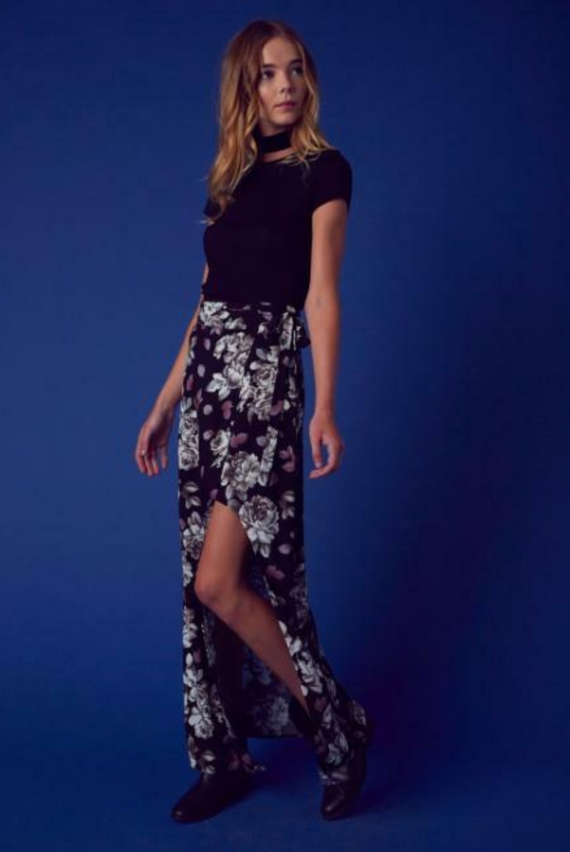 Let Go Black Floral Maxi Skirt side view