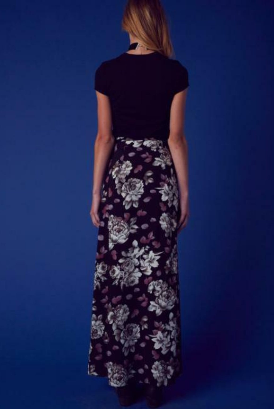 Let Go Black Floral Maxi Skirt back view