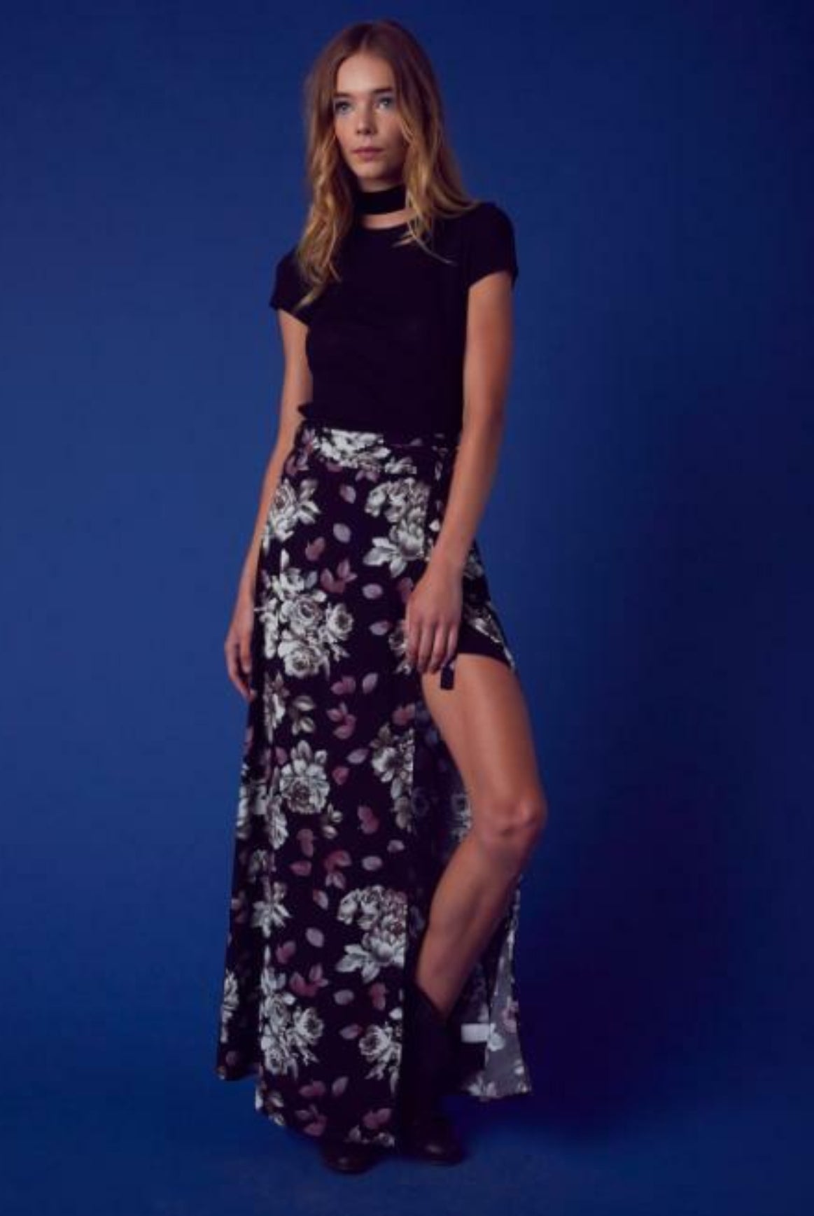 Let Go Black Floral Maxi Skirt front view