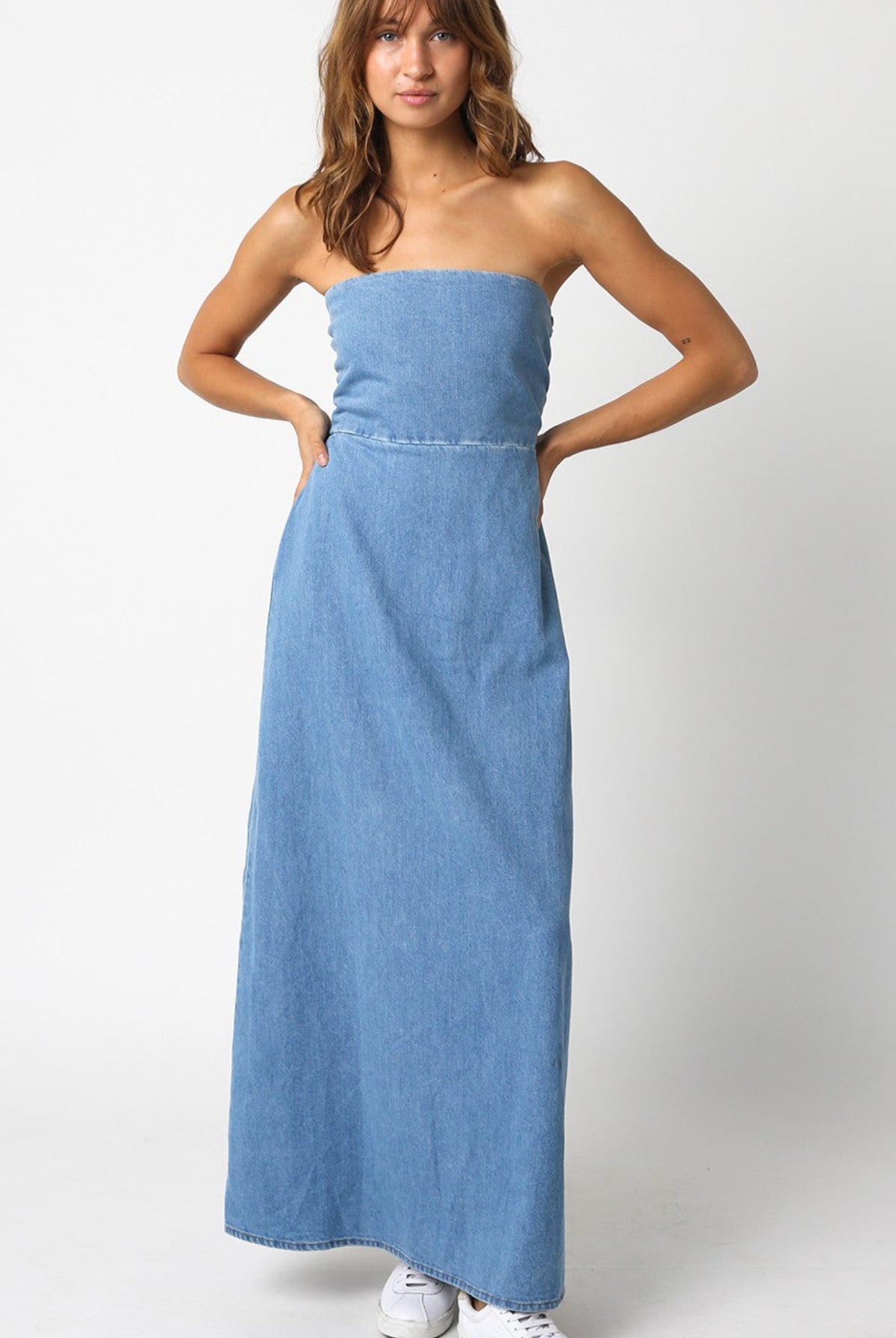 Corfu Light Denim Strapless Maxi Dress front view