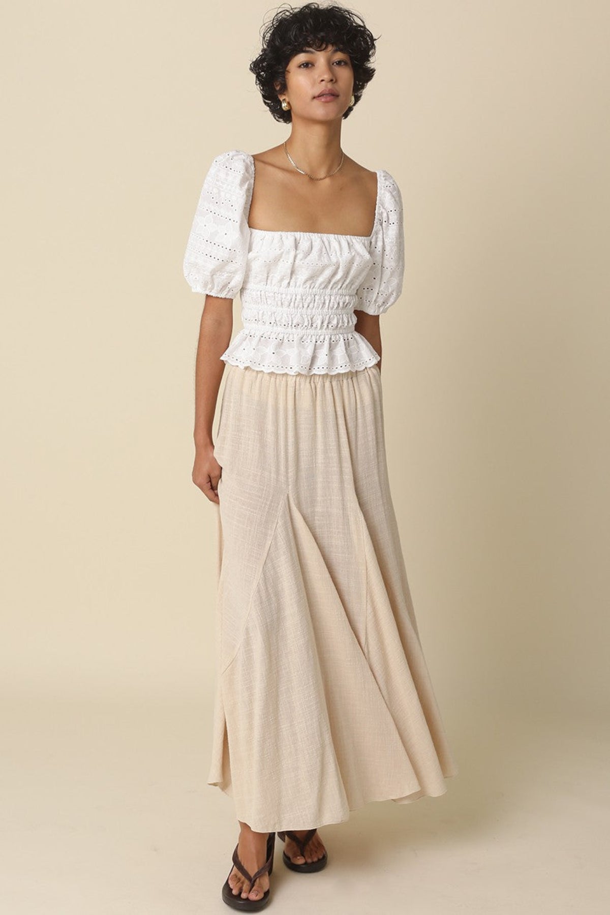 Ethereal beige boho maxi skirt – flowy cotton godet design