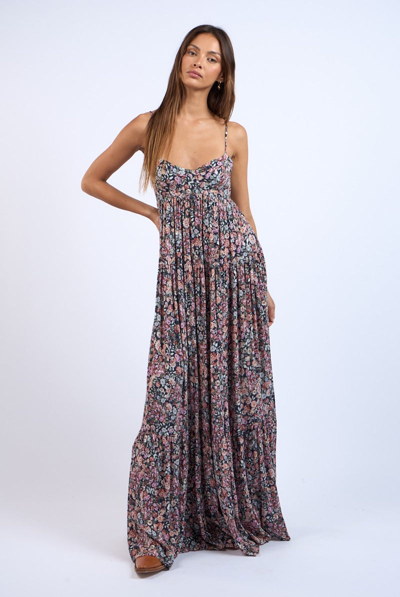 Black floral bustier maxi dress for vacation or backyard parties.