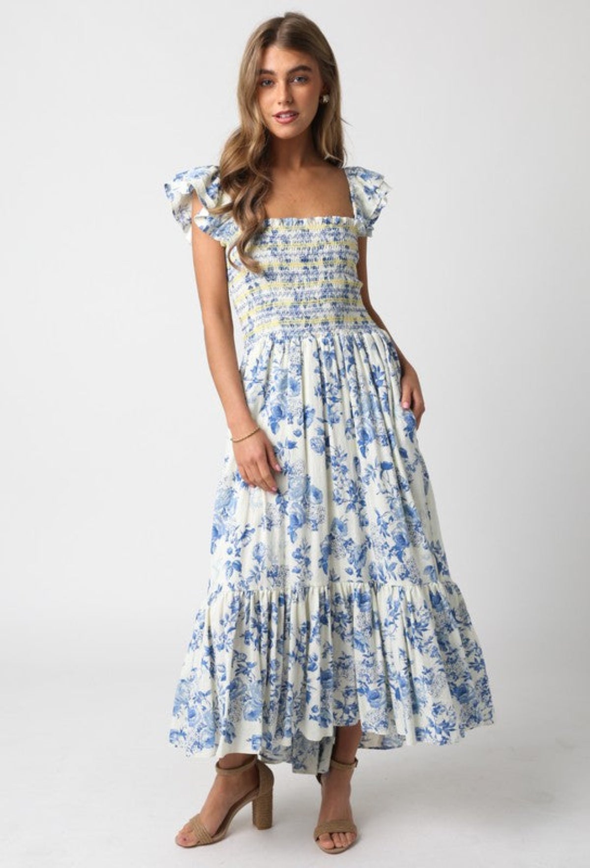 Natalie Cream and Blue Floral Maxi Dress front