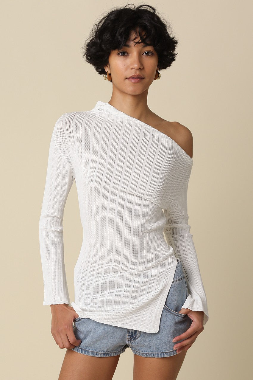 Close-up of the sheer white 80% viscose ribbed knit texture of the Monika top