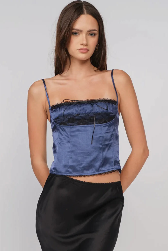 Navy Satin Lace Cami Top