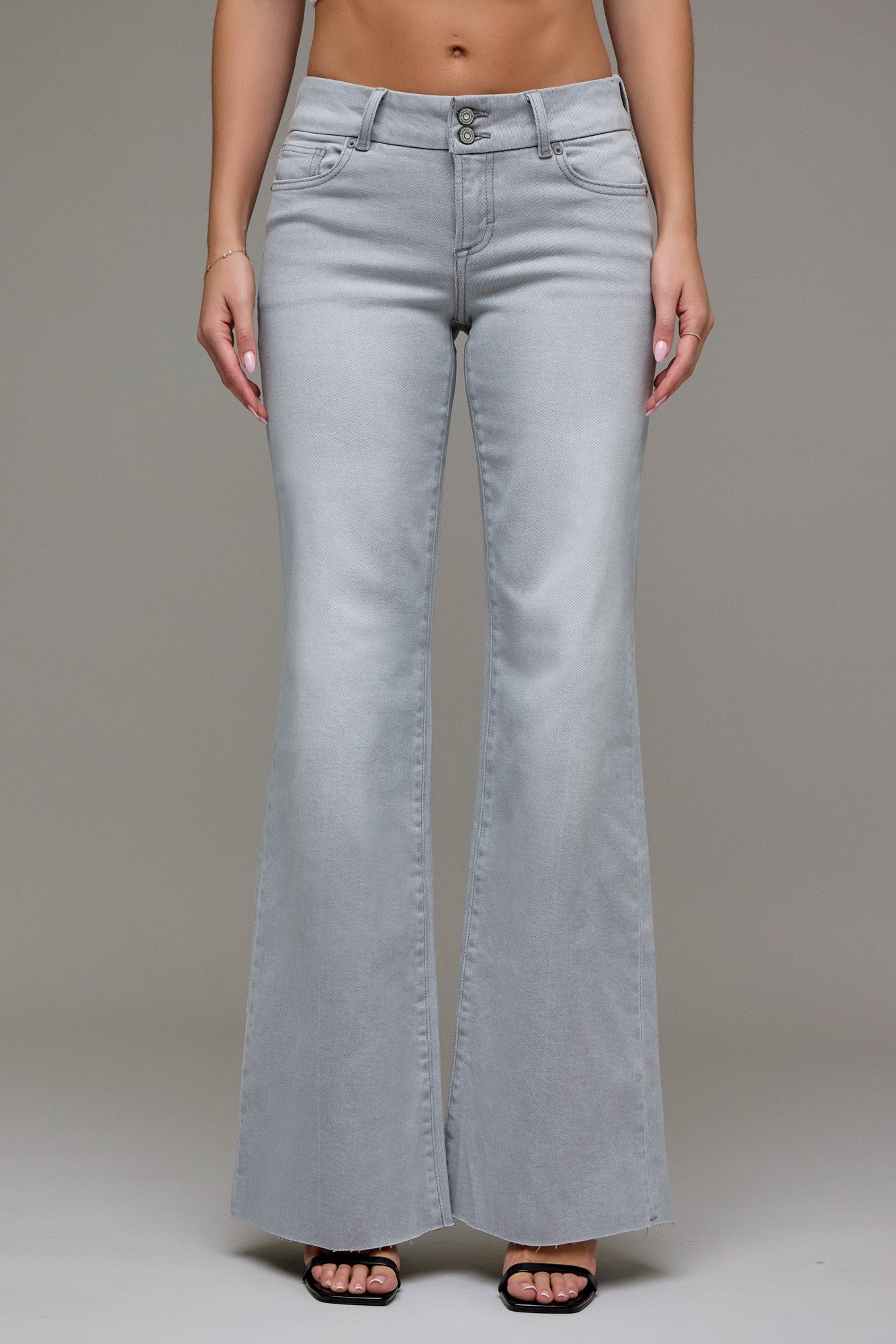 Olivia Light Grey Low Rise Flare Jeans - Front View
