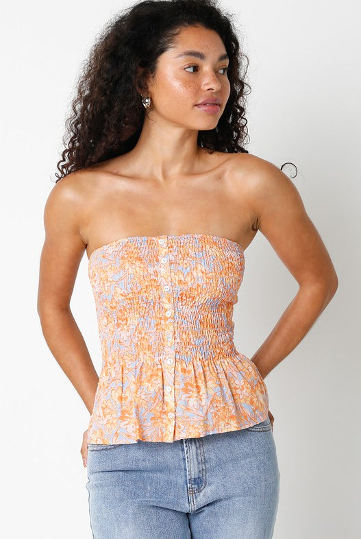 Orange Floral Smocked Tube Top