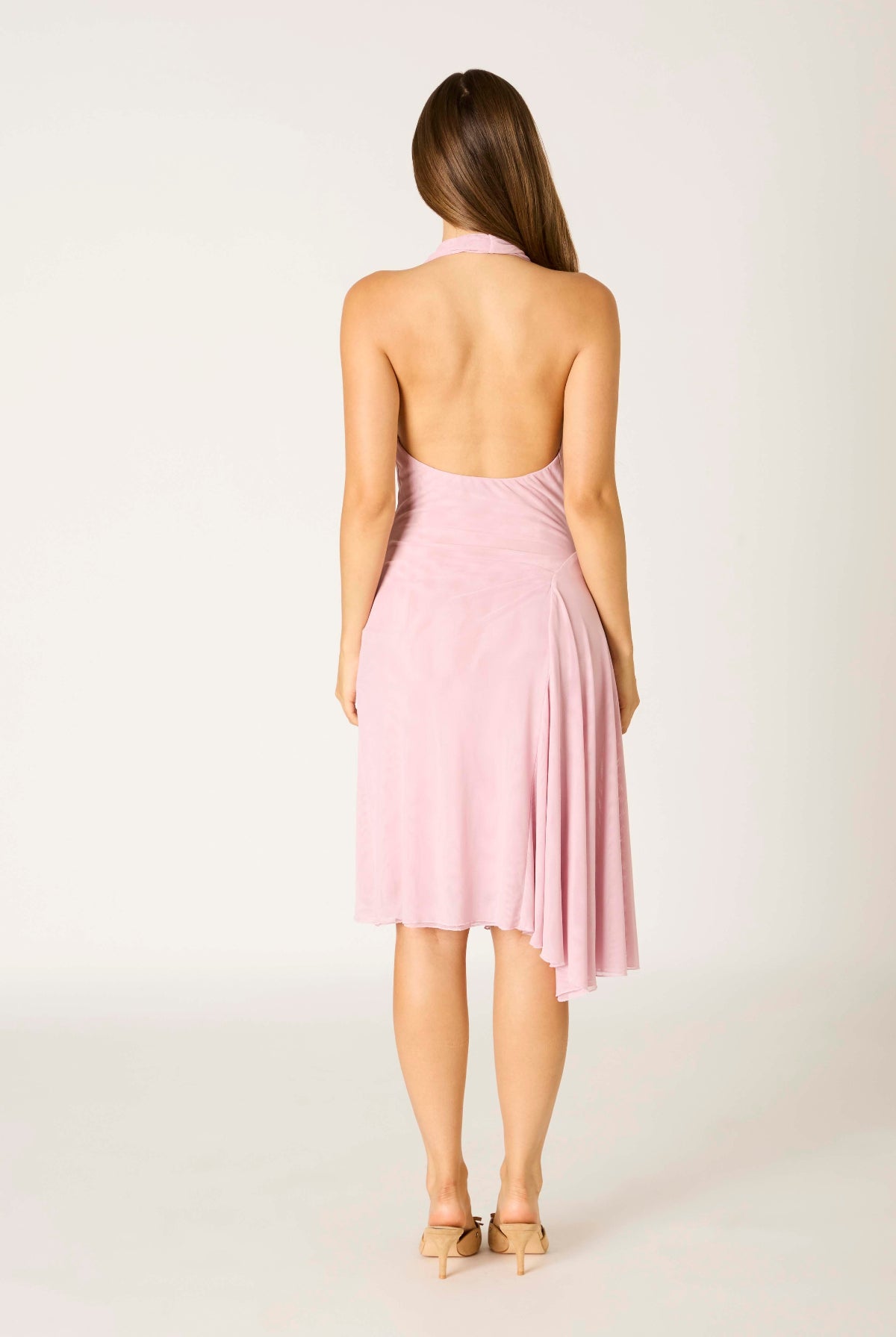 pink halter draped dress back view