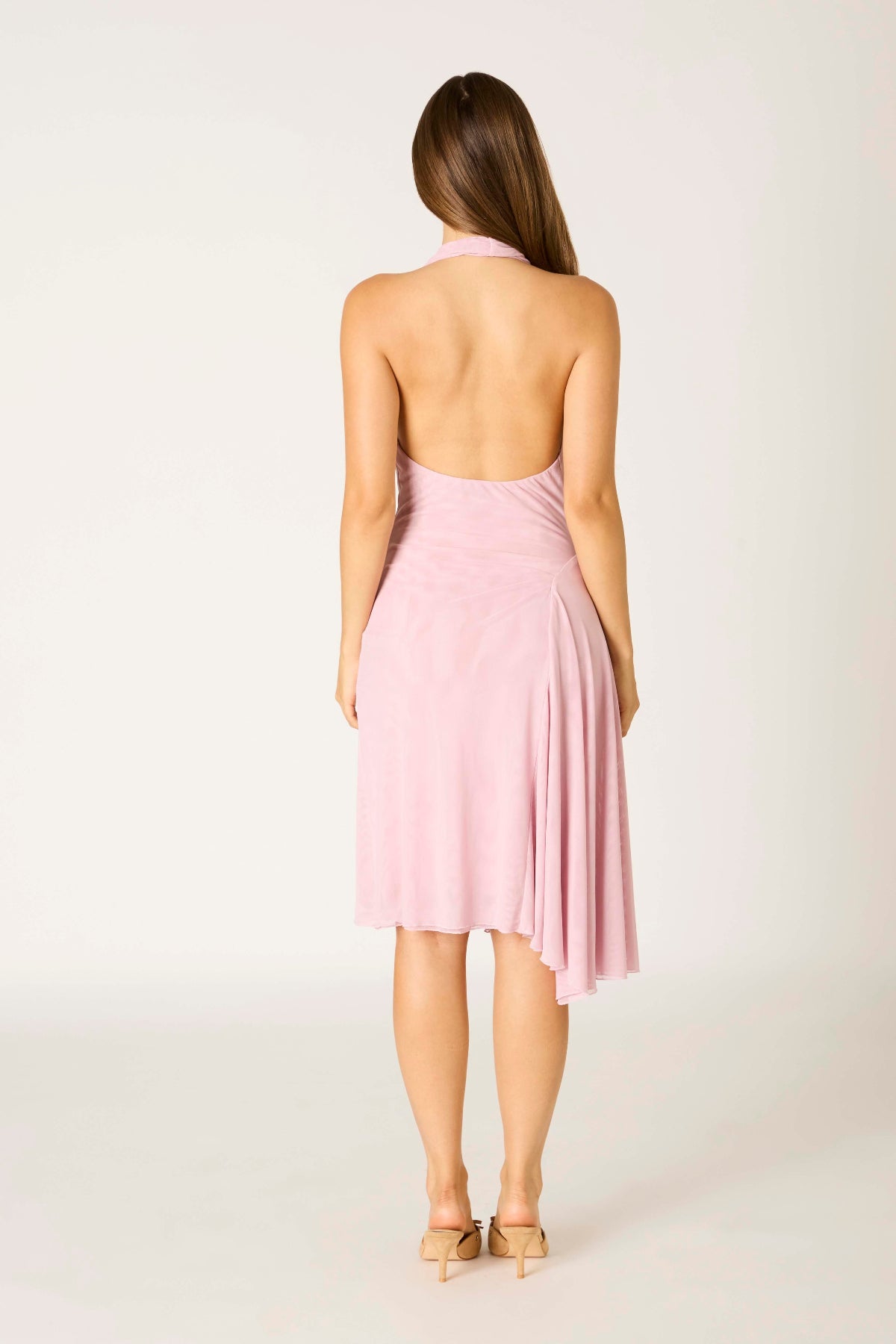 pink halter draped dress back view