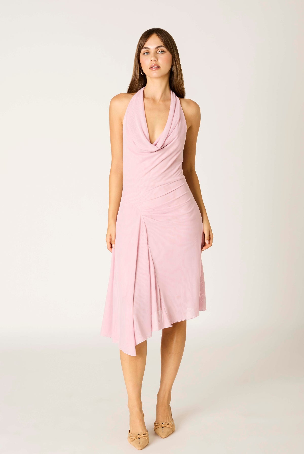 pink halter draped dress front view