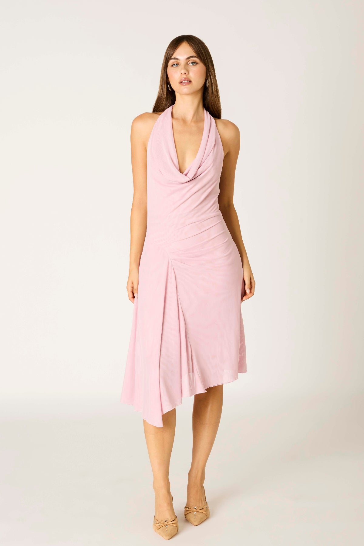 pink halter draped dress front view