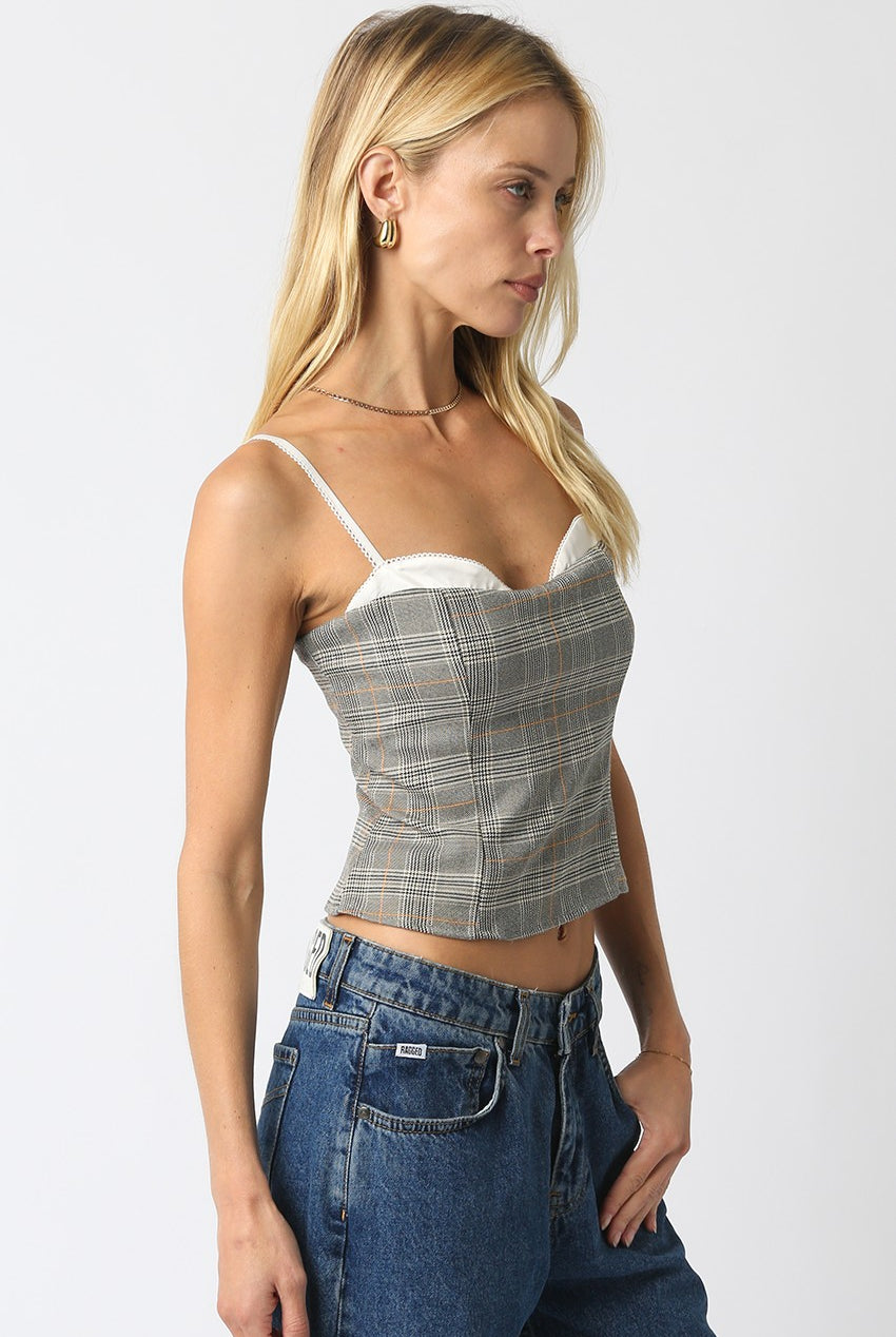 Going Out Tops - Ruth Grey Plaid Corset Cami Top - Side View
