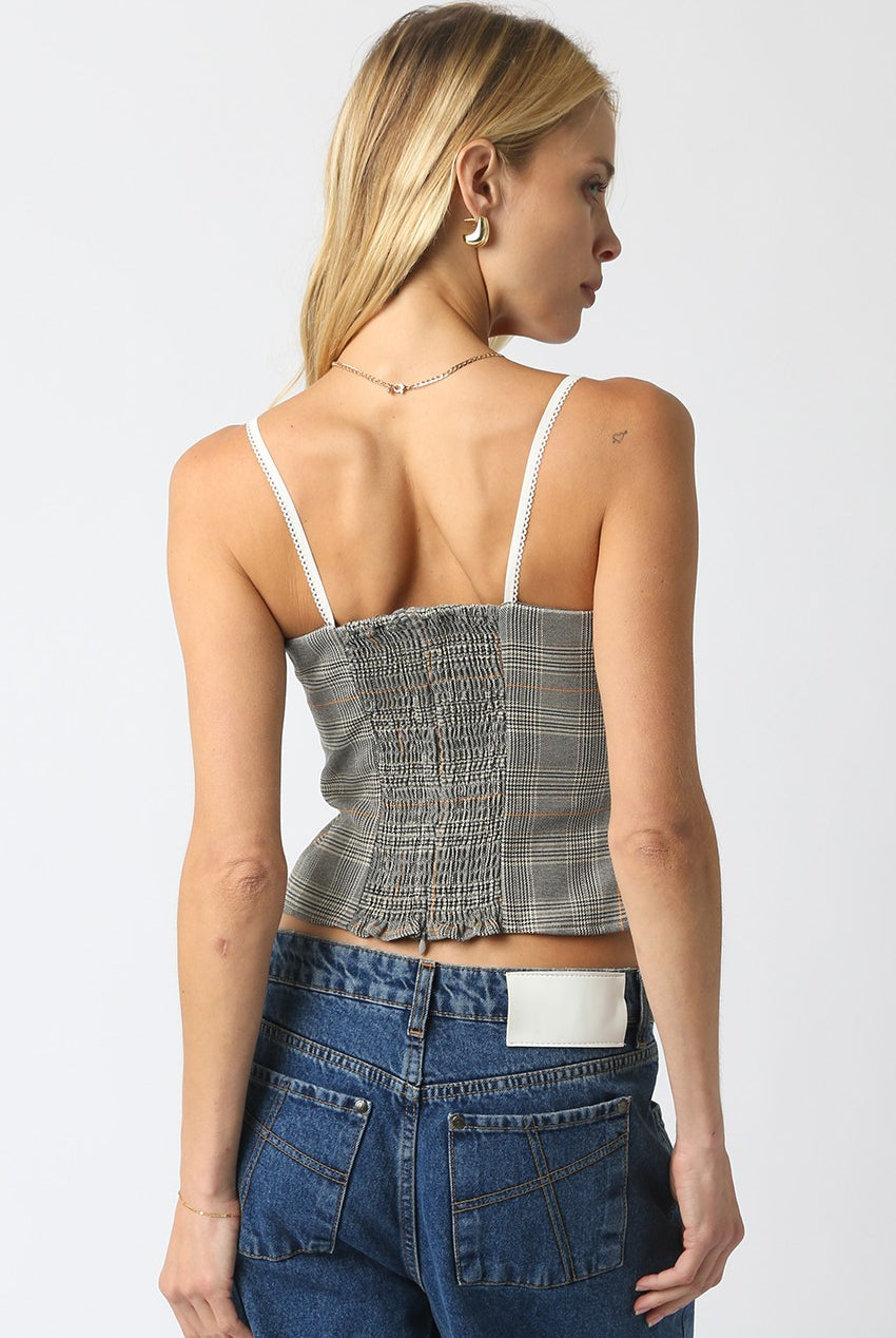 Going Out Tops - Ruth Grey Plaid Corset Cami Top - Back View