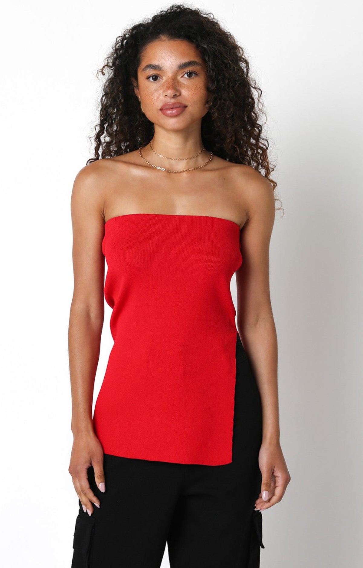 Dakota Red Long Slit Knit Tube Top front