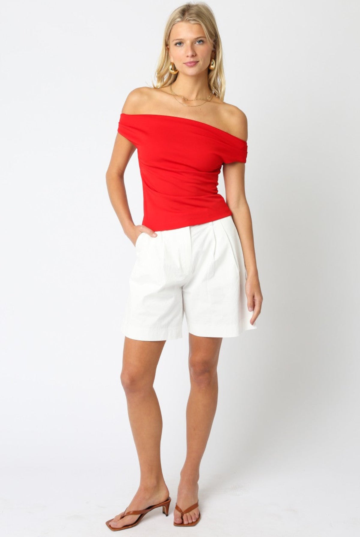 Edina Red Off Shoulder Top outfit view