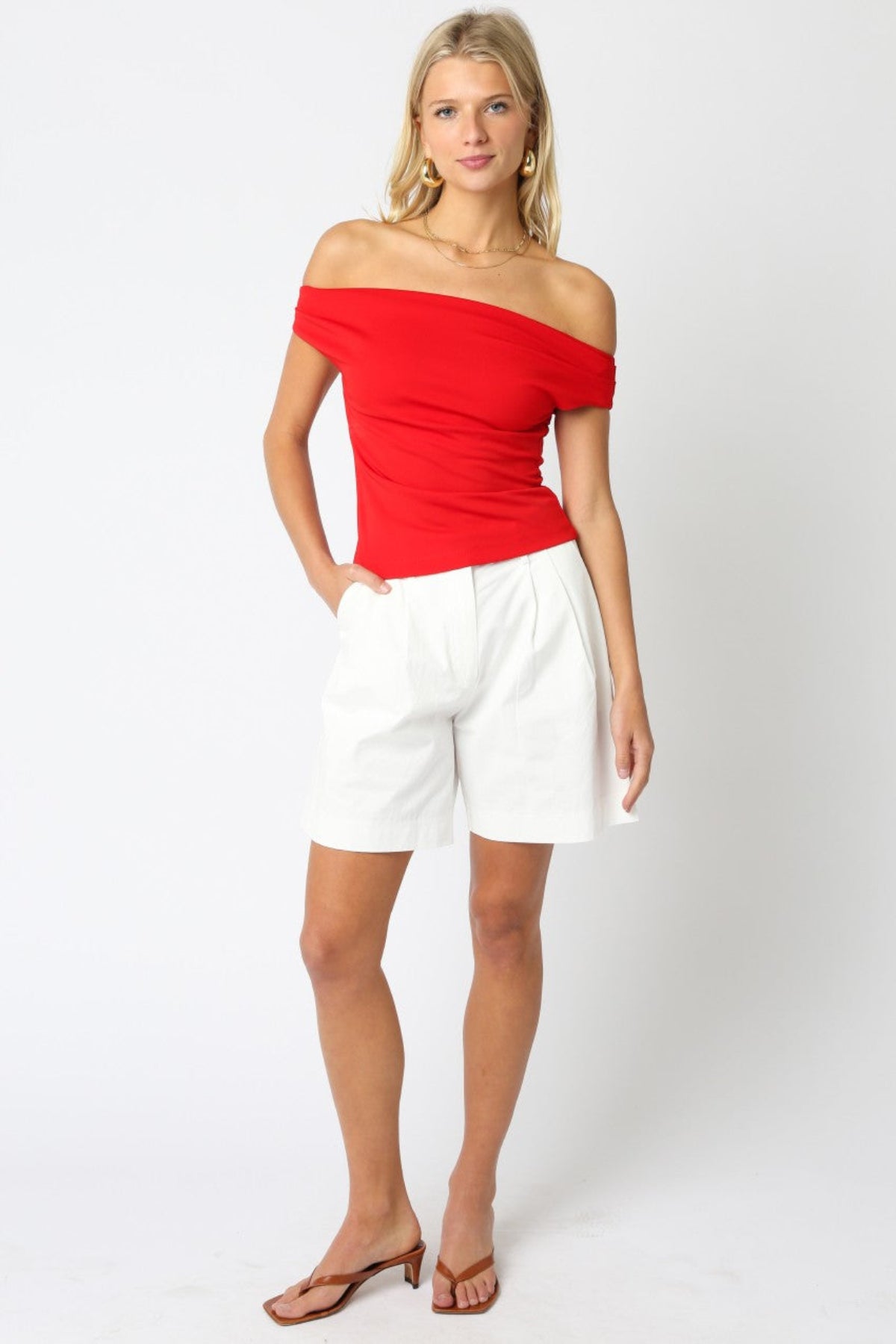 Edina Red Off Shoulder Top outfit view