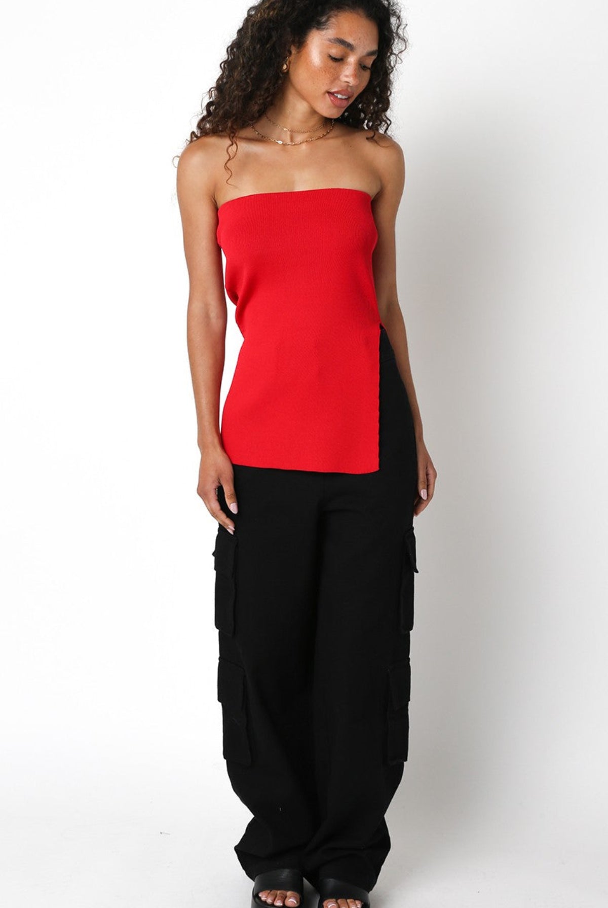 Dakota Red Long Slit Knit Tube Top outfit view