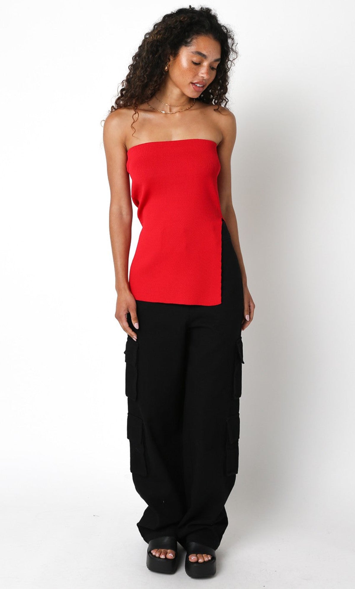 Dakota Red Long Slit Knit Tube Top outfit view
