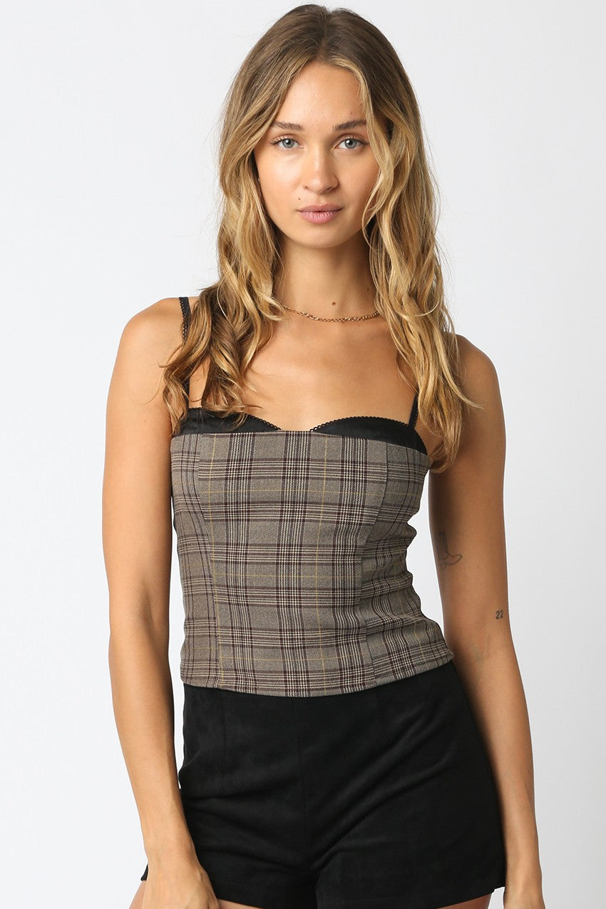 Going Out Tops - Ruth Brown Plaid Corset Cami Top - Front View