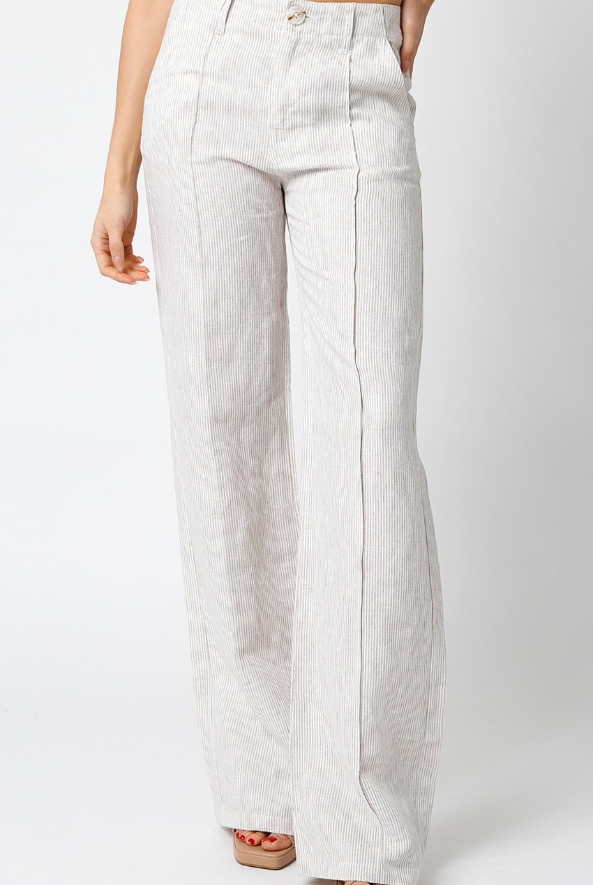 Women's wide leg khaki striped summer linen pants with exposed seam detail