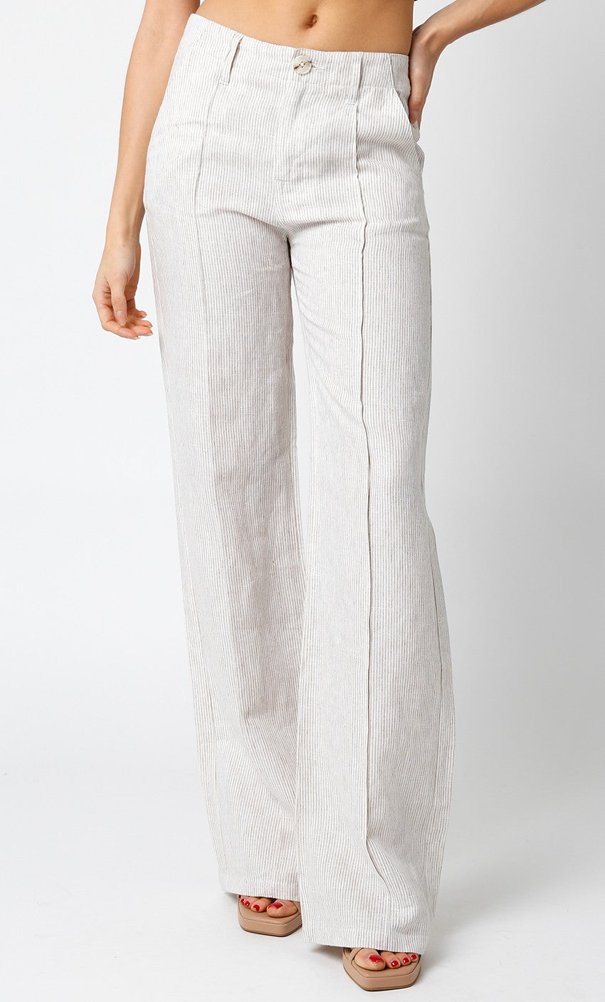 Women's wide leg khaki striped summer linen pants with exposed seam detail