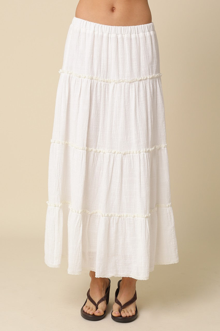 White tiered maxi skirt for women in soft cotton fabric
