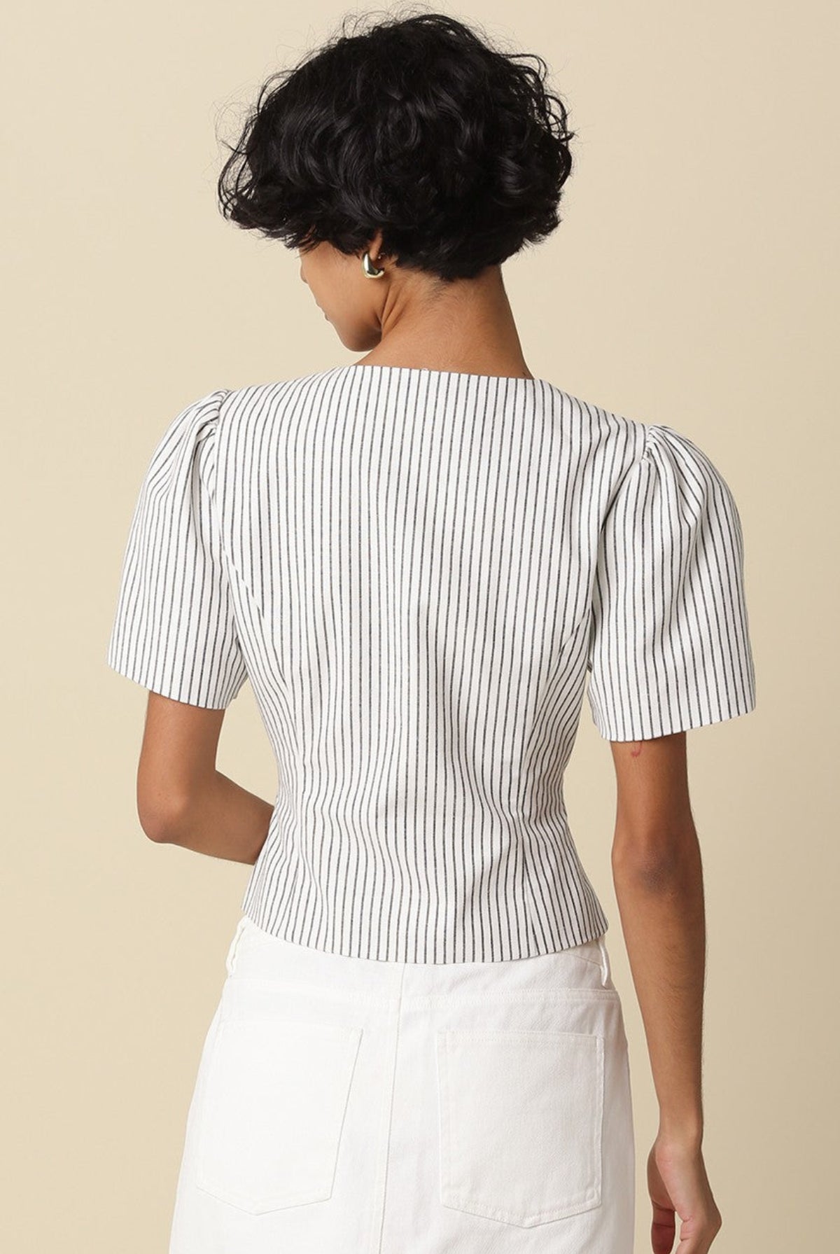 white and black stripped puff sleeve top back view