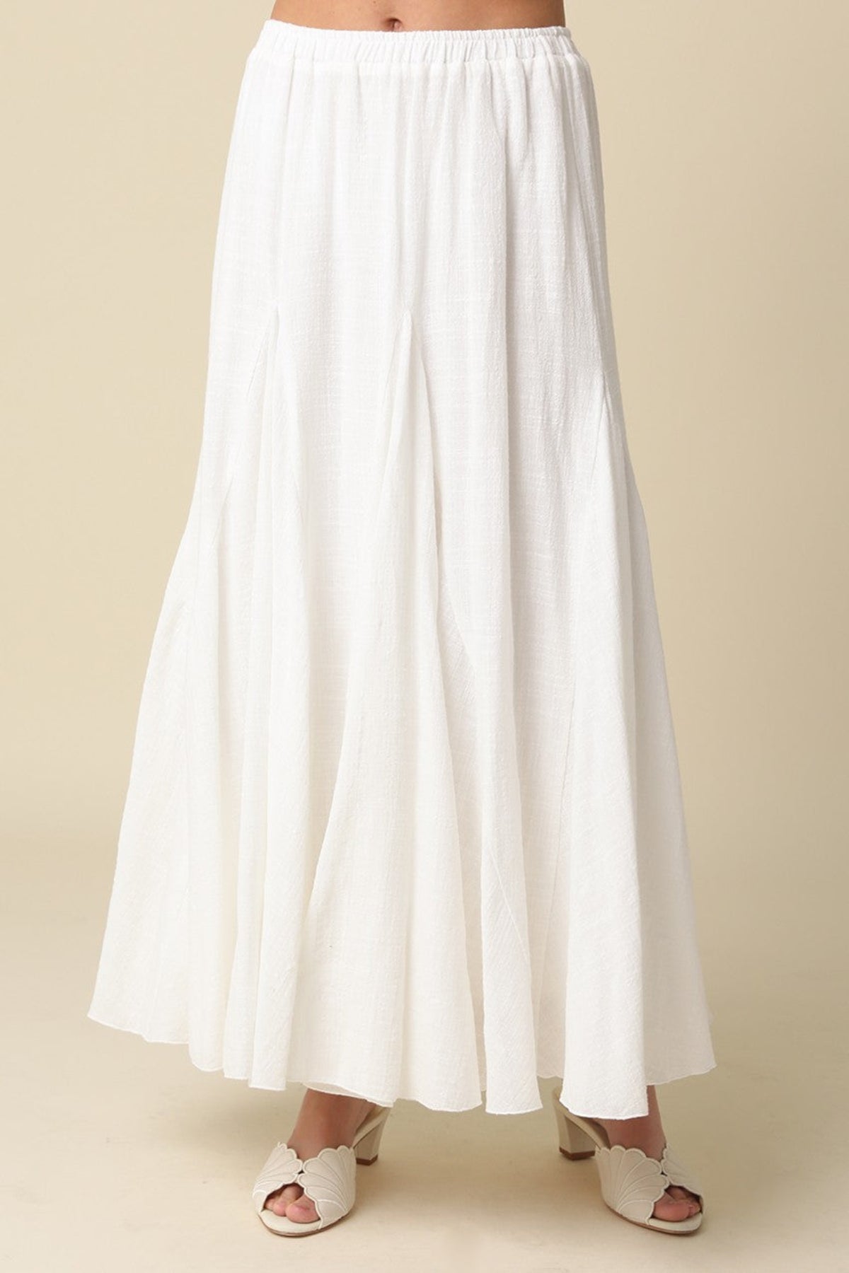 Lena White Godet Maxi Skirt Front View | Cabana Club Boutique