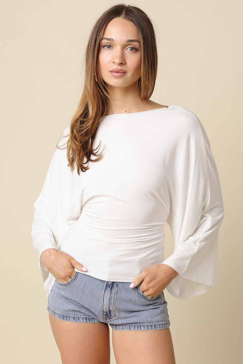 White dolman sleeve top for women with adjustable back tie waist
