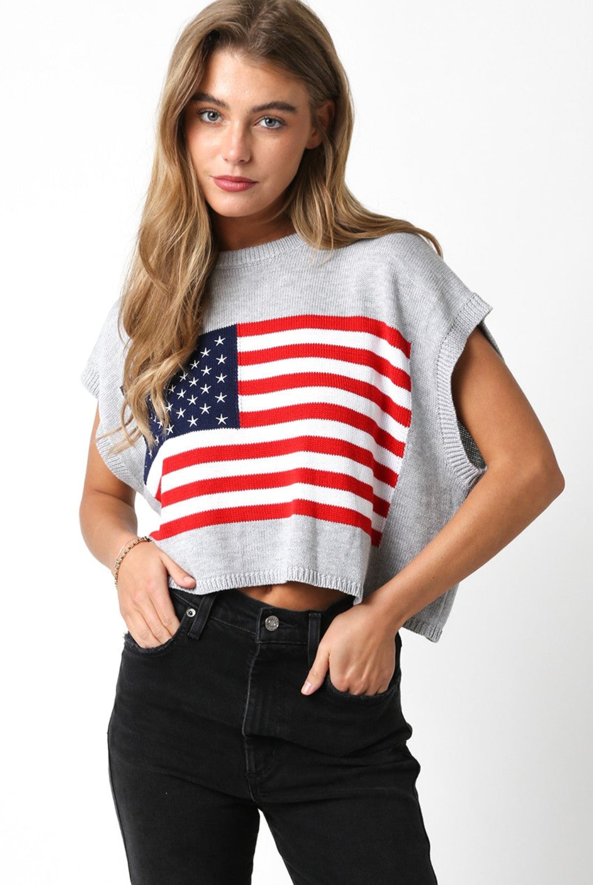 Grey American Flag Sweater Top front