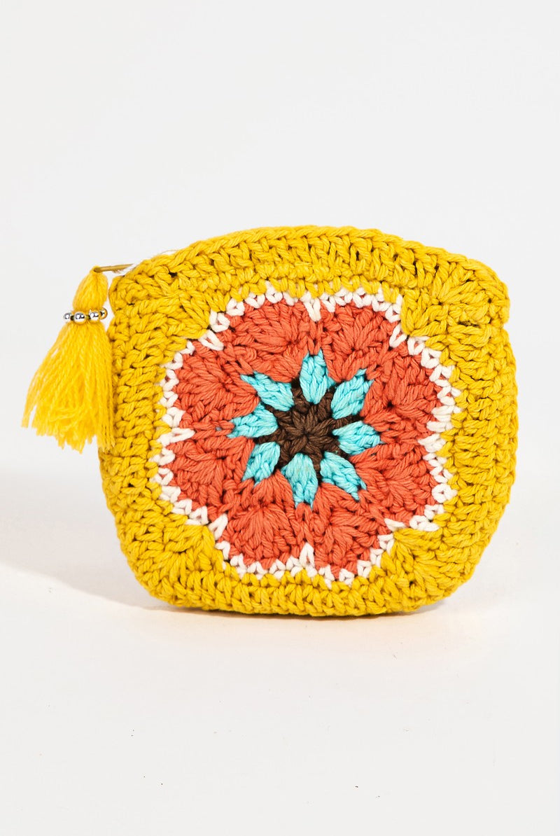 Yellow Crochet Knit Flower Coin Purse