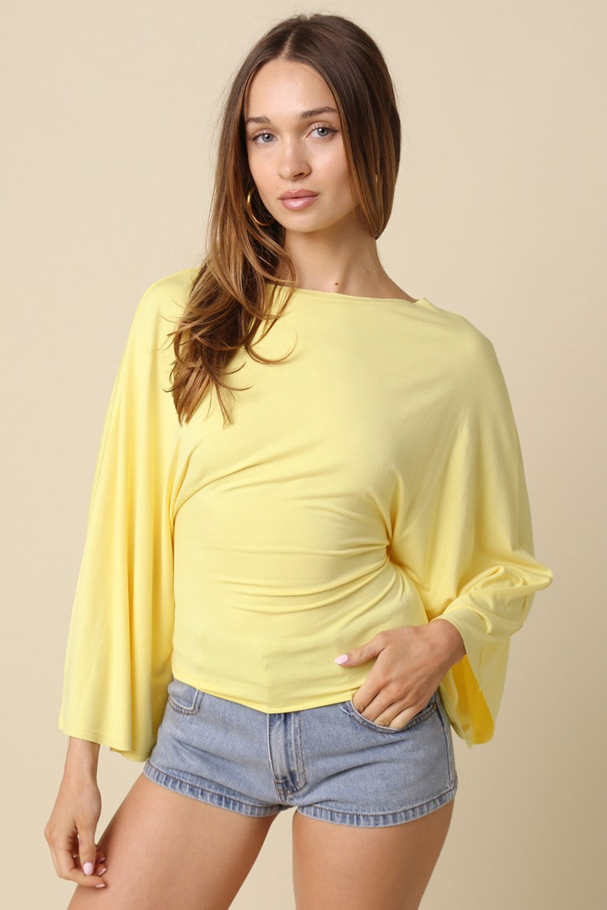 Yellow dolman sleeve top for women with adjustable back tie waist