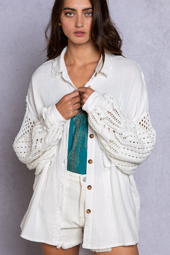 White Crochet Sleeve Shirt
