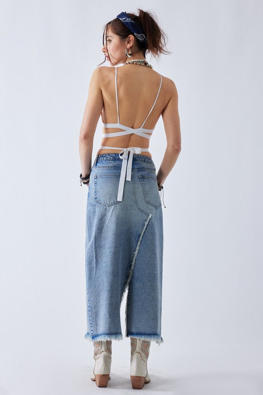Back view of Must Be denim maxi skirt showing five pocket design