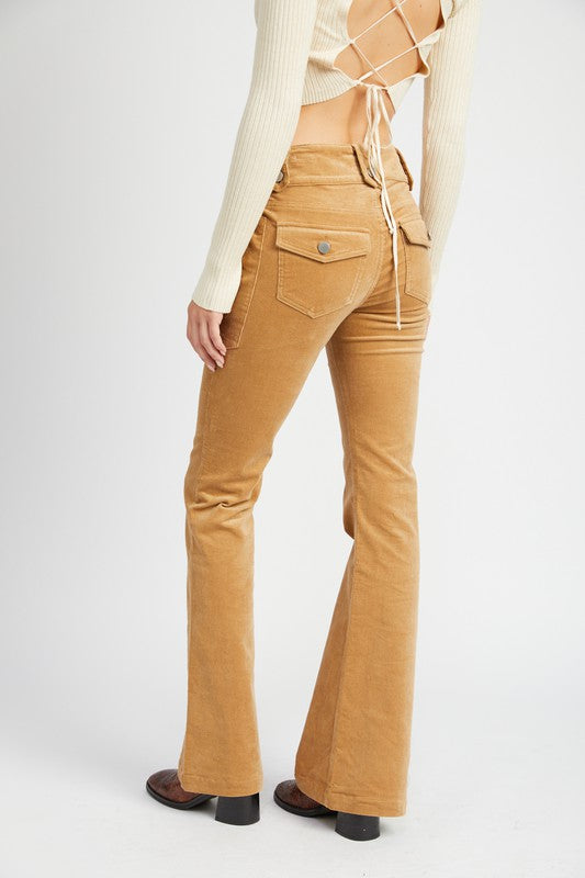 Back view of the Serafina khaki low-waisted corduroy pants with flare leg 