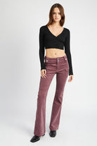 Serafina wine red low-waisted corduroy pants with flare bottom front view