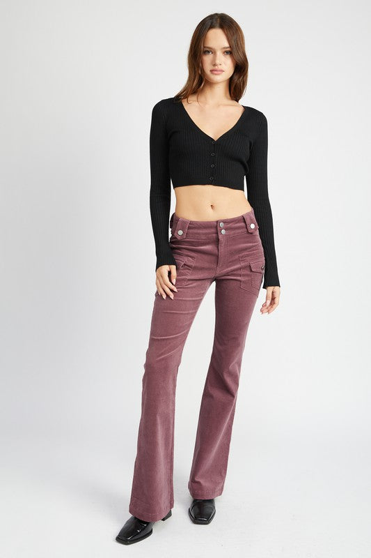 Serafina wine red low-waisted corduroy pants with flare bottom front view